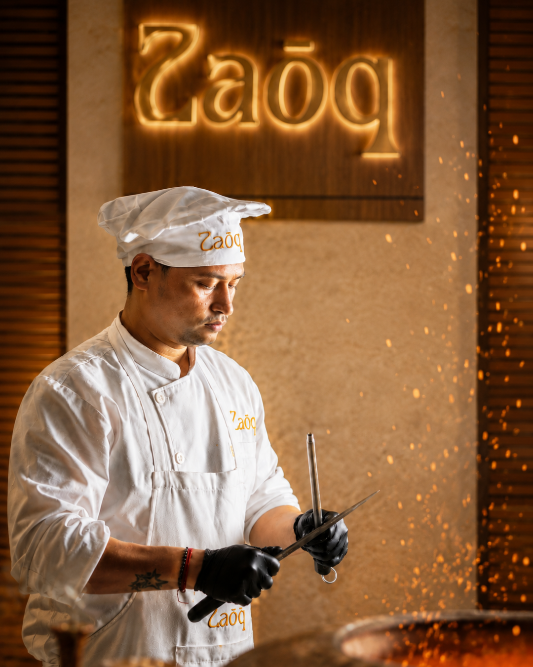 Zaōq chef at the grill beneath the signage