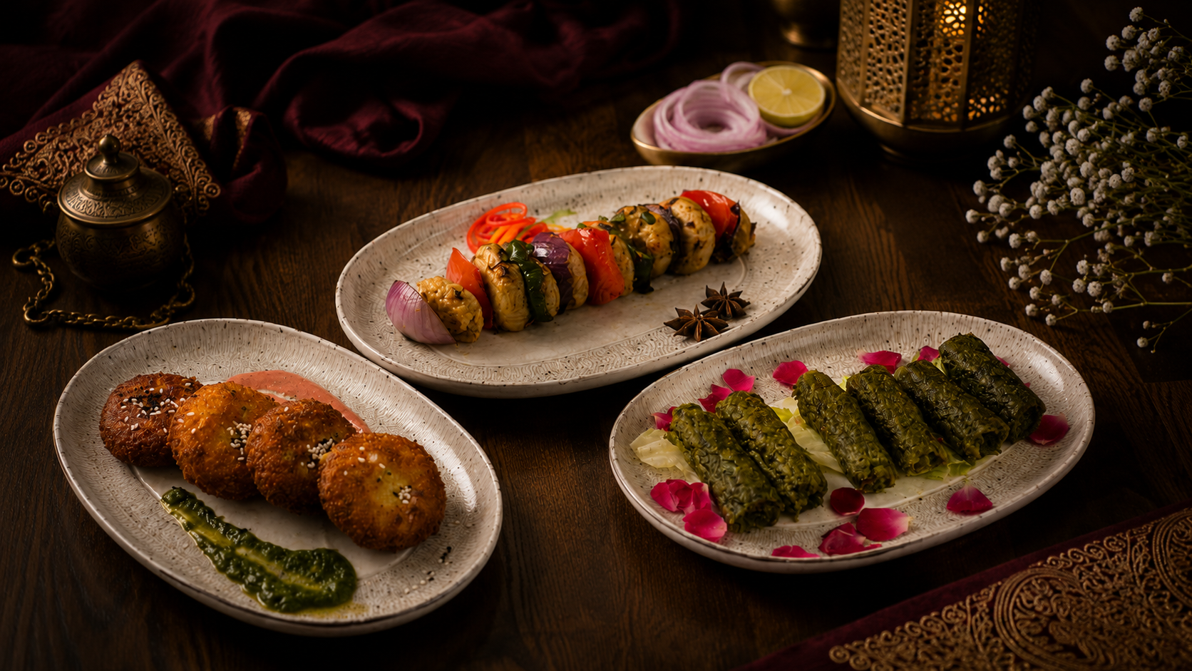 A trio of Zaōq platters - seekh kebabs, shami and gilafi rolls