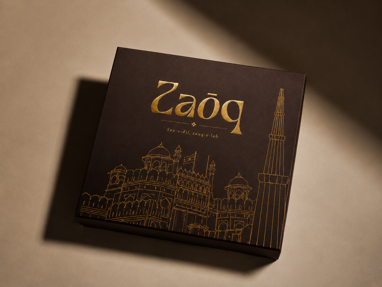 Zaōq signature presentation box with embossed Delhi skyline